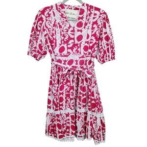 Fox & Hen Pink White Porcelain Tiered Lace Babydoll Dress Geometric Women Size M
